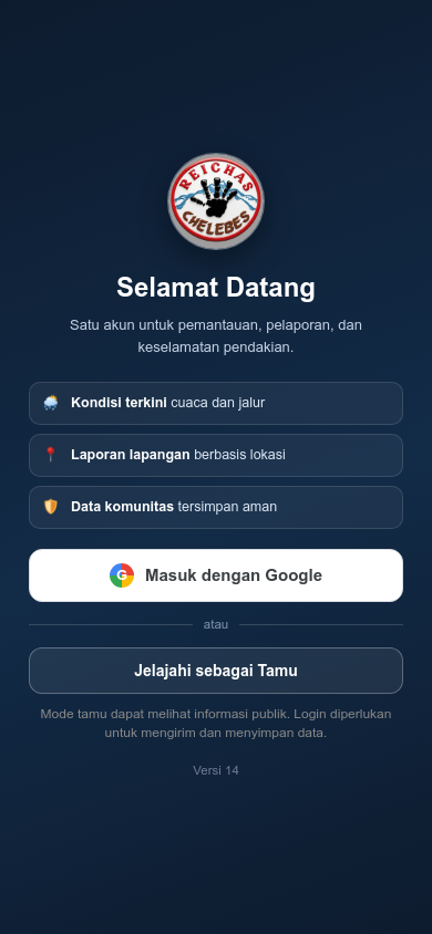Halaman masuk dengan tombol Jelajahi sebagai Tamu
